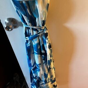 Adrianna Papell Blue and White One Shoulder Dress